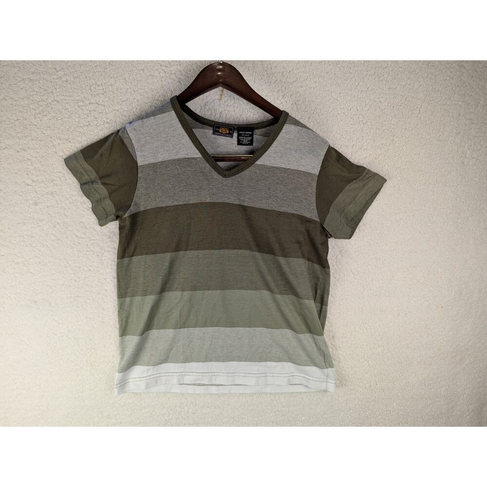 Route 66 Mens Large V-Neck Striped Knit Shirt Olive Green Grey Earth Tones Short